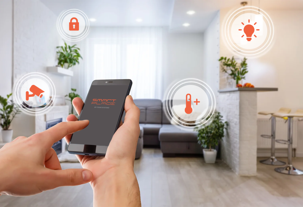 Person using Smart Place functionality on the app on smartphone to control smart home devices such as lighting, security, cameras and temperature in a modern living room