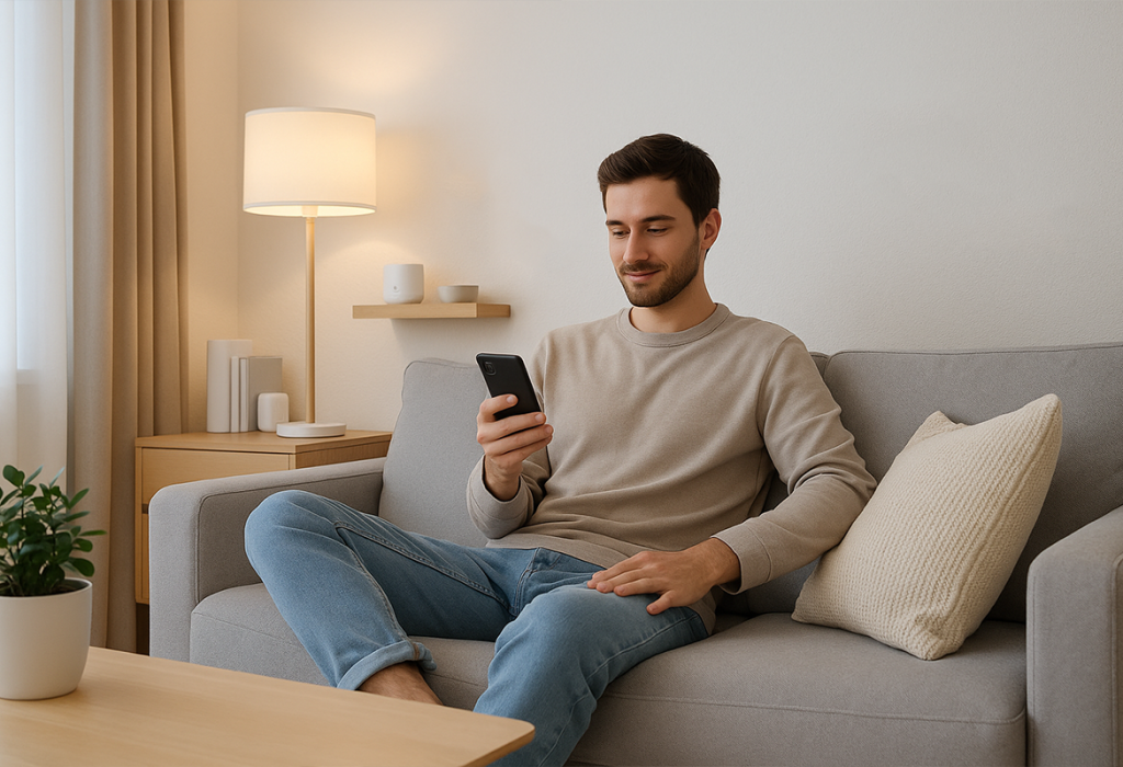 A man relaxing on a modern sofa uses his smartphone to control smart home devices; a warm lamp and minimalist Aqara-style hub and sensors are visible on the shelf in a cozy living room