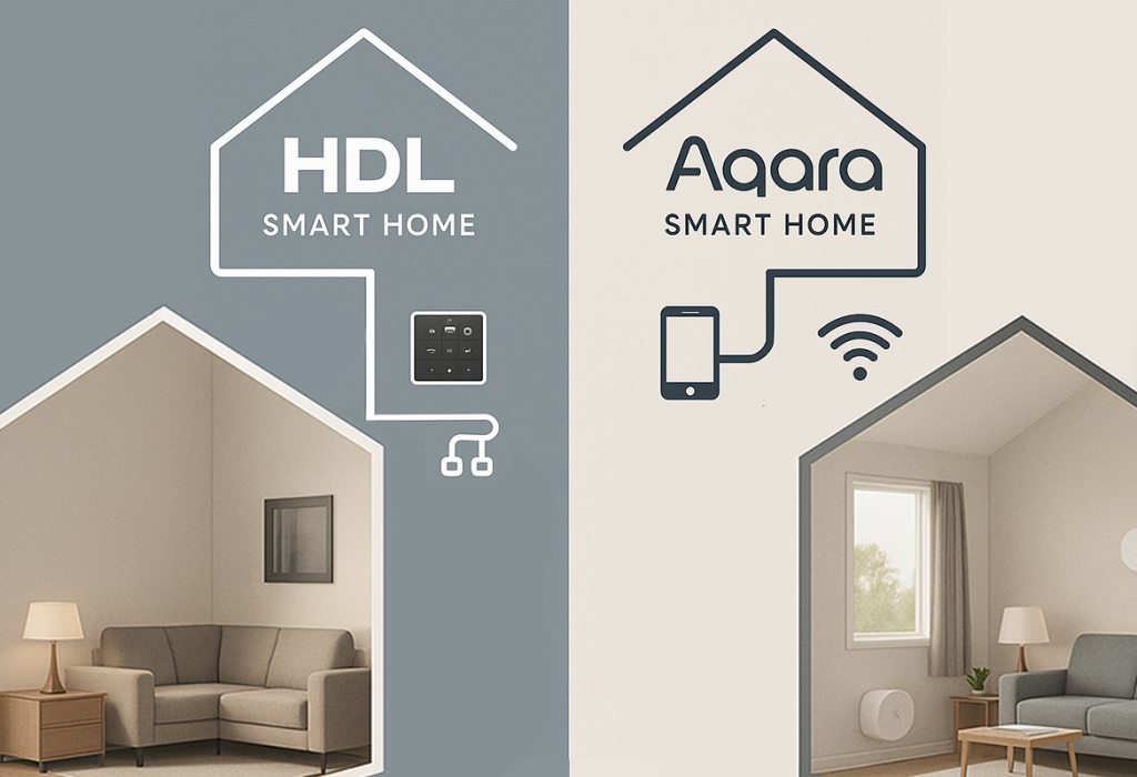 Comparison graphic of HDL Smart Home and Aqara Smart Home systems, showing wired control panel solution on the left and wireless smartphone-connected solution on the right